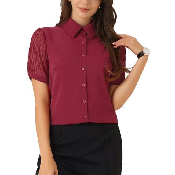 INSPIRE CHIC Button Down Shirt for Women's Sheer Short Sleeve Point Collar Work Tops S Wine Red