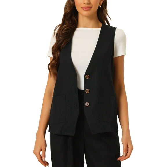 INSPIRE CHIC Button Down Vest for Women Linen Sleeveless V Neck Summer Waistcoat S Black