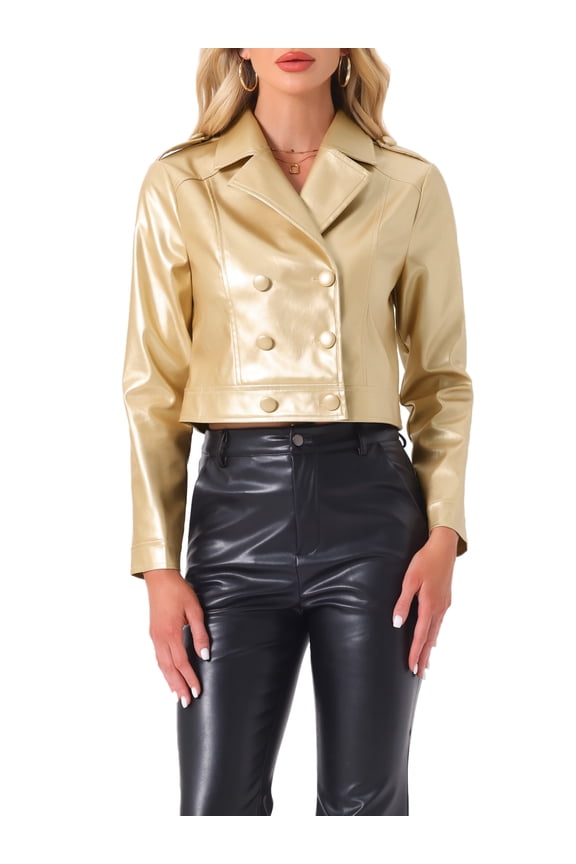 Button Jacket for Women's Double-breasted Notch Lapel Y2K Long Sleeve Jackets M Golden