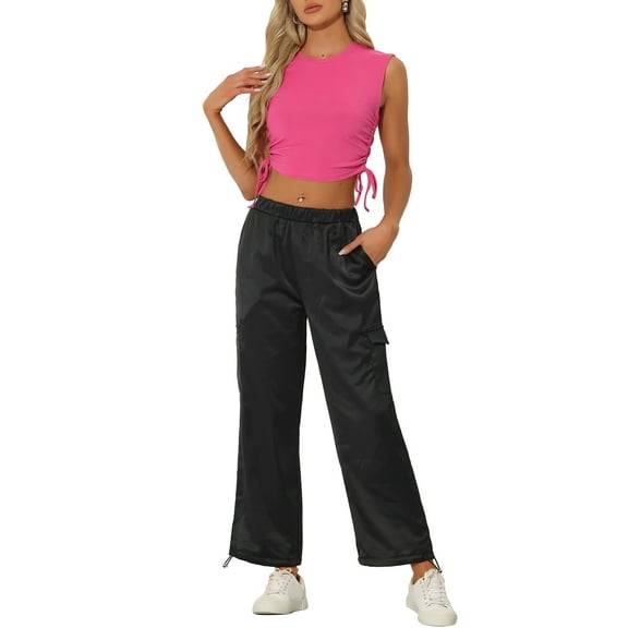 INSPIRE CHIC Casual 2pc Outfits for Women's Sleeveless Tank Top Satin Cargo Pants Tracksuit Black Pink S