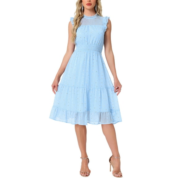 INSPIRE CHIC Women's Chiffon Dress Sleeveless Smocked Waist Gilding Metallic Stars Party Dress L Light Blue