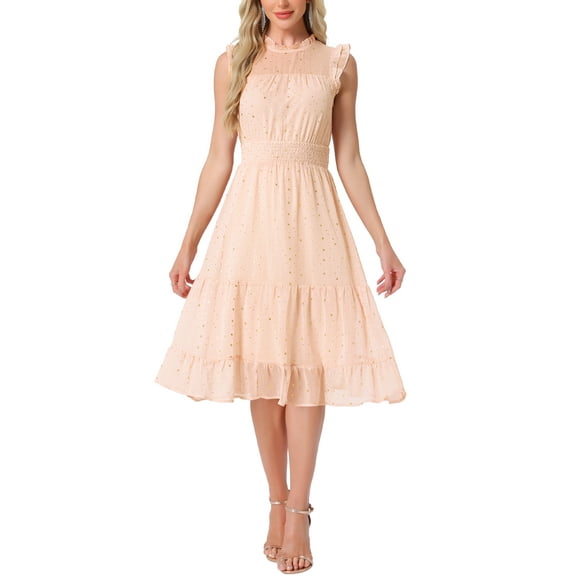 INSPIRE CHIC Women's Chiffon Dress Sleeveless Smocked Waist Gilding Metallic Stars Party Dress L Light Pink