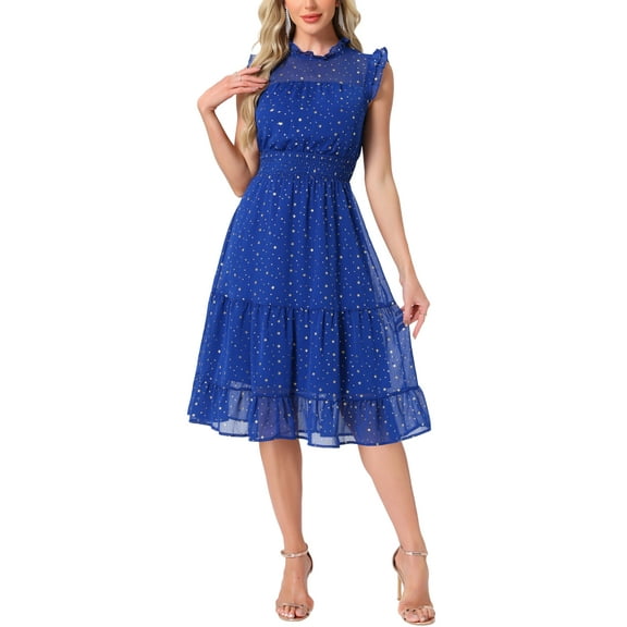 INSPIRE CHIC Women's Chiffon Dress Sleeveless Smocked Waist Gilding Metallic Stars Party Dress L Royal Blue