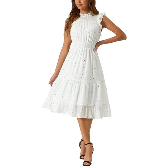 INSPIRE CHIC Women's Chiffon Dress Sleeveless Smocked Waist Gilding Metallic Stars Party Dress L White