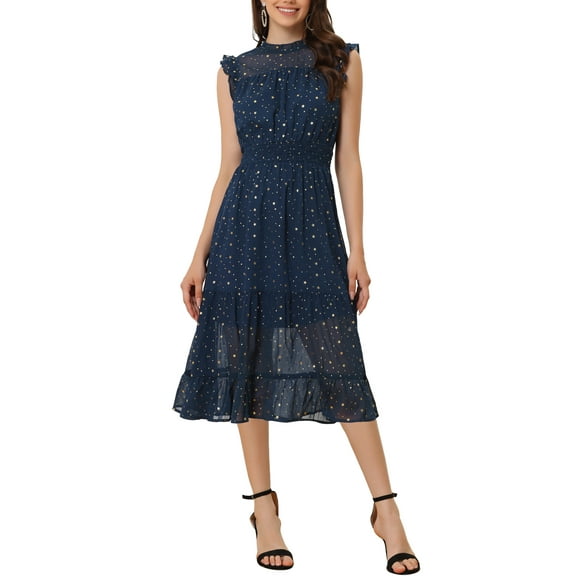 INSPIRE CHIC Women's Chiffon Dress Sleeveless Smocked Waist Gilding Metallic Stars Party Dress XS Dark Blue