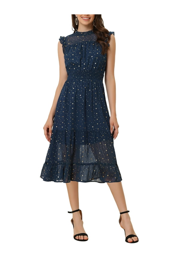 Women's Chiffon Dress Sleeveless Smocked Waist Gilding Metallic Stars Party Dress XL Dark Blue