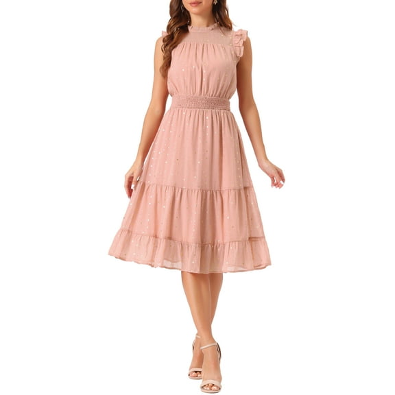 INSPIRE CHIC Women's Chiffon Dress Sleeveless Smocked Waist Gilding Metallic Stars Party Dress L Dusty Pink