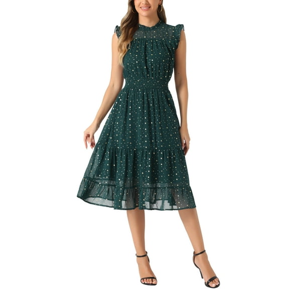 INSPIRE CHIC Women's Chiffon Dress Sleeveless Smocked Waist Gilding Metallic Stars Party Dress L Dark Green
