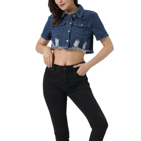 INSPIRE CHIC Casual Crop Jackets for Women's Collared Short Sleeve Frayed Jean Denim Jacket Blue XS