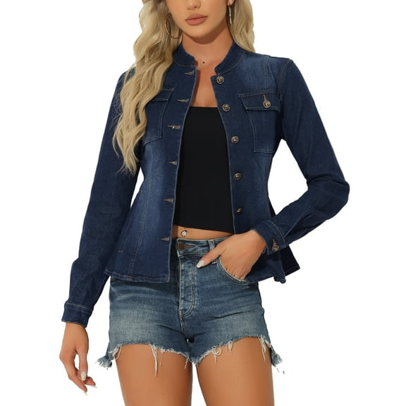 INSPIRE CHIC Women's Denim Jacket Stand Collar Long Sleeves Flap Pockets Jean Jacket Dark Blue 2XL