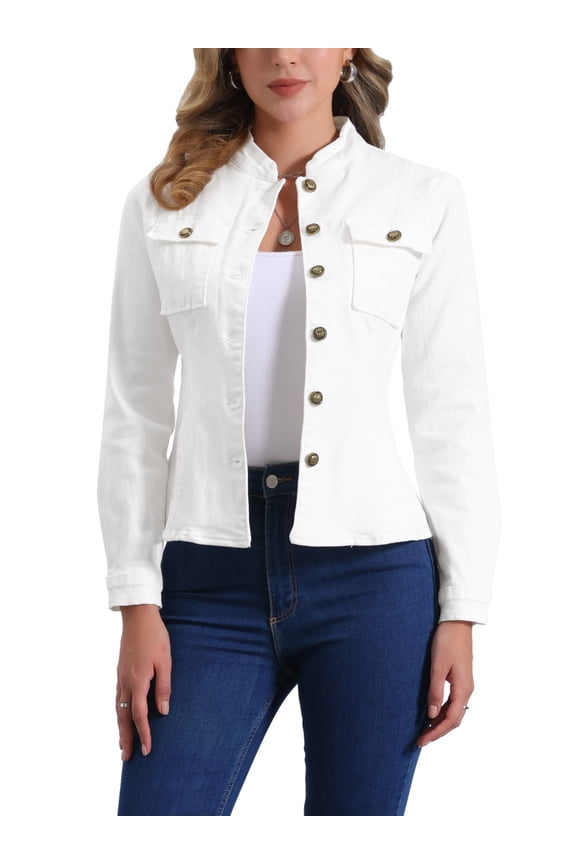 Women's Denim Jackets Stand Collar Long Sleeves Short Jean Jackets White L