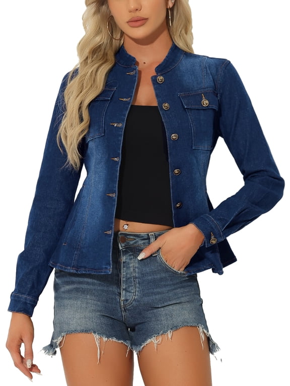 Women's Denim Jackets Stand Collar Long Sleeves Short Jean Jackets Dark Blue M