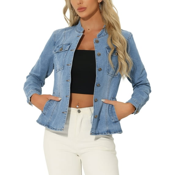 INSPIRE CHIC Women's Denim Jacket Stand Collar Long Sleeves Flap Pockets Jean Jacket M Light Blue