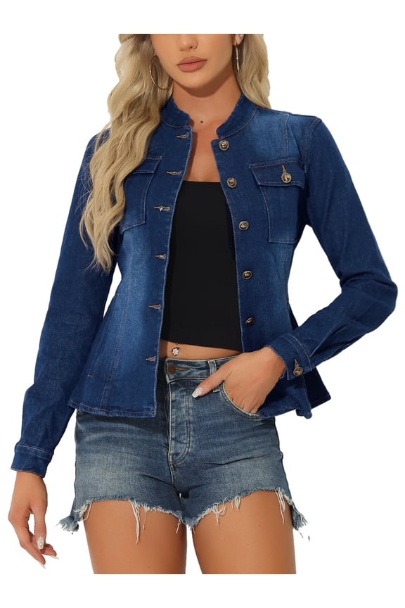 Women's Denim Jackets Stand Collar Long Sleeves Short Jean Jackets Dark Blue XL