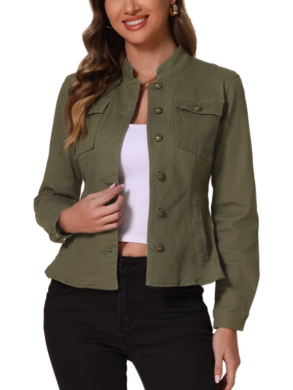 Women's Denim Jackets Stand Collar Long Sleeves Short Jean Jackets Green XL