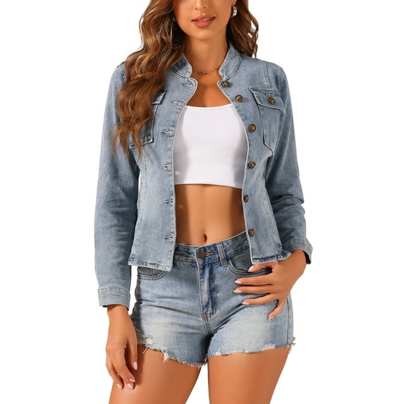 INSPIRE CHIC Women's Denim Jacket Stand Collar Long Sleeves Flap Pockets Jean Jacket XL Grey Blue