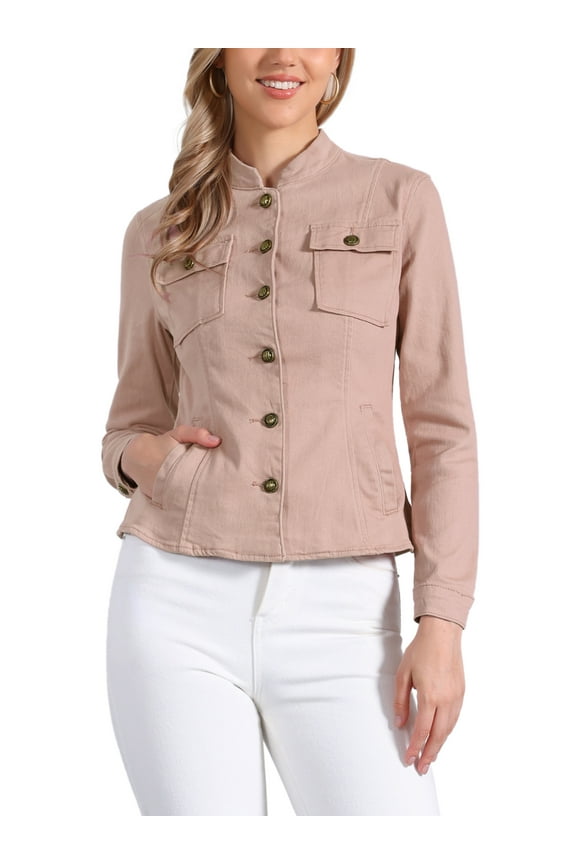 Women's Denim Jacket Stand Collar Long Sleeves Flap Pockets Jean Jacket XL Pink