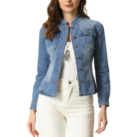 INSPIRE CHIC Women's Denim Jacket Stand Collar Long Sleeves Flap Pockets Jean Jacket XS Blue
