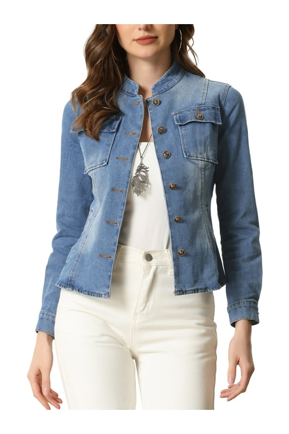 Women's Denim Jacket Stand Collar Long Sleeves Flap Pockets Jean Jacket XS Blue