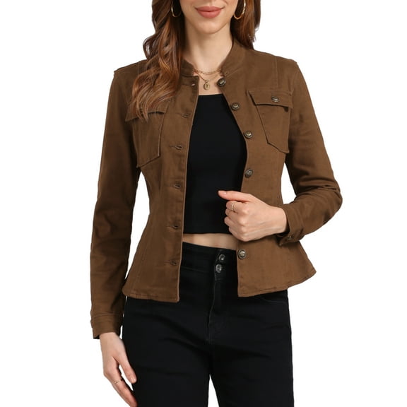 INSPIRE CHIC Women's Denim Jacket Stand Collar Long Sleeves Flap Pockets Jean Jacket Brown XS