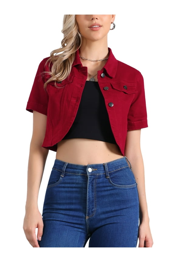 Casual Denim Jacket for Women's Summer 2023 Short Sleeves Crop Jean Jackets L Red
