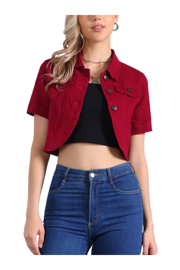 Women's Turndown Collar Short Sleeve Washed Denim Cropped Jean Jacket Red XL