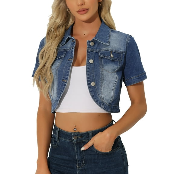 INSPIRE CHIC Casual Denim Jacket for Women's Summer Short Sleeves Crop Jean Jackets