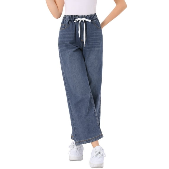 INSPIRE CHIC Women's Wide Leg Denim Pants Drawstring Elastic Waist Casual Jeans with Pockets L Grey Blue
