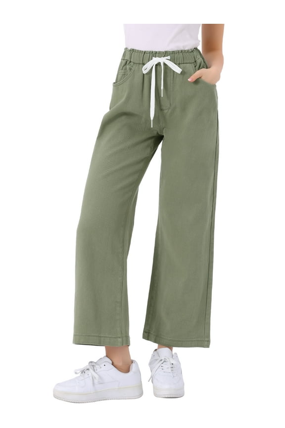 Women's Wide Leg Denim Pants Drawstring Elastic Waist Casual Jeans with Pockets M Army Green