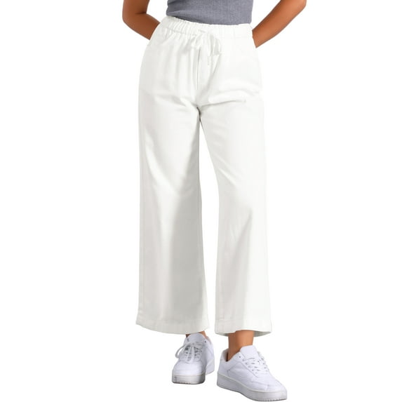 INSPIRE CHIC Women's Wide Leg Denim Pants Drawstring Elastic Waist Casual Jeans with Pockets M White