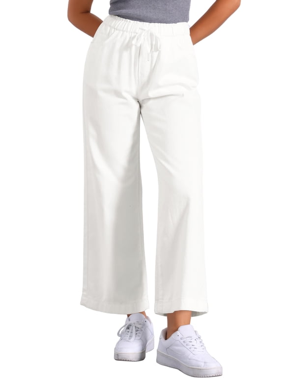 Women's Wide Leg Jeans Drawstring Elastic Waist Casual Denim Pants with Pockets White XL