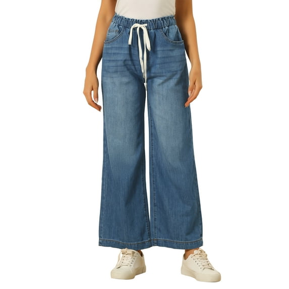 INSPIRE CHIC Women's Wide Leg Denim Pants Drawstring Elastic Waist Casual Jeans with Pockets XS Blue