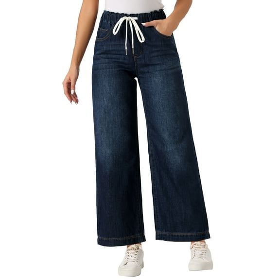 INSPIRE CHIC Women's Wide Leg Denim Pants Drawstring Elastic Waist Casual Jeans with Pockets M Dark Blue