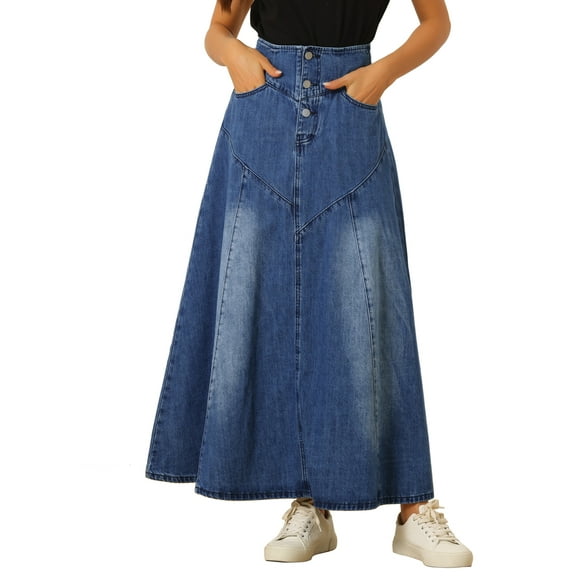 INSPIRE CHIC Casual Denim Skirt for Women's High Waisted A-Line Flared Maxi Skirts XS Blue