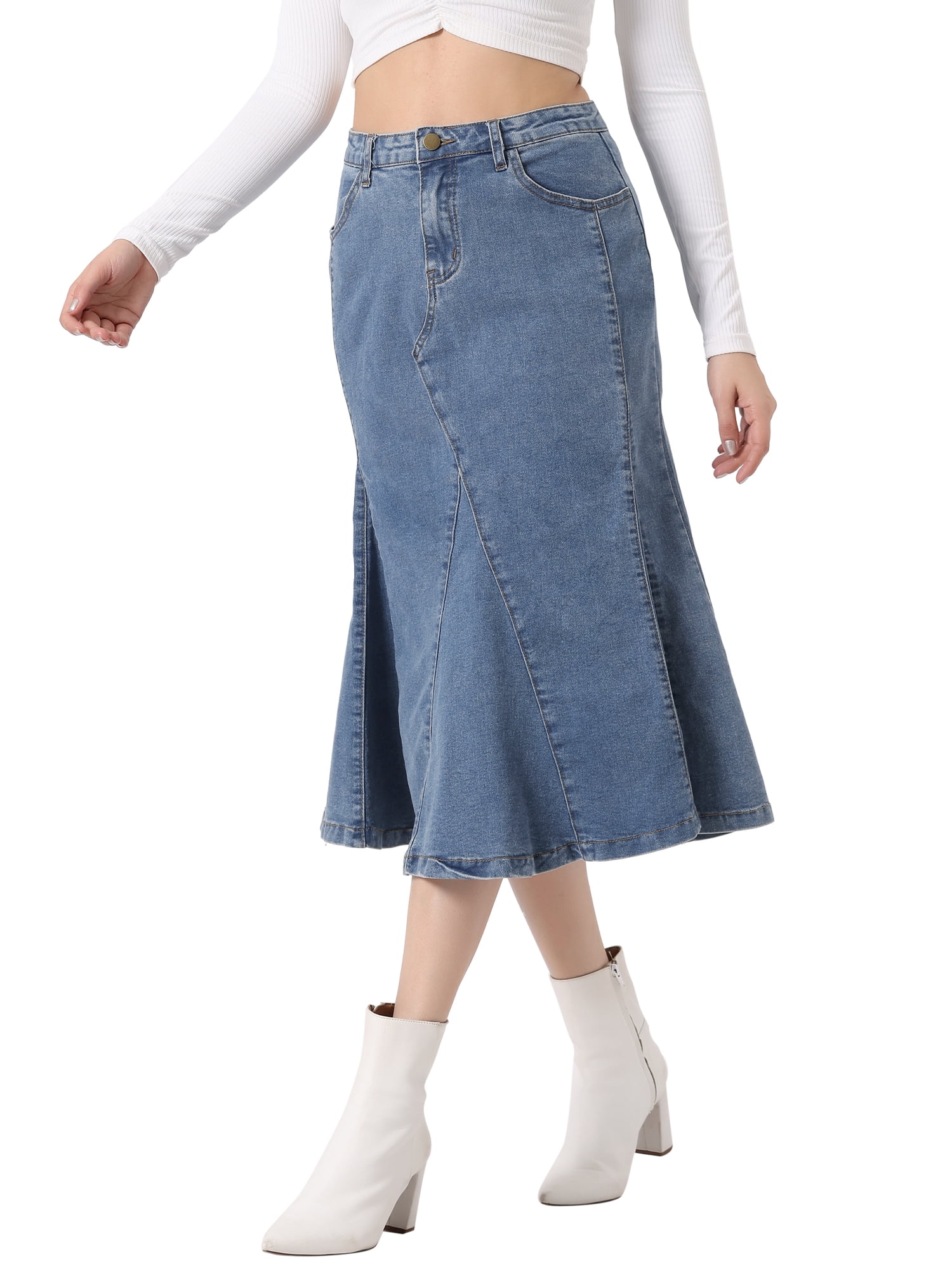 INSPIRE CHIC Casual Denim Skirt for Women's High Waisted A-Line Flared ...