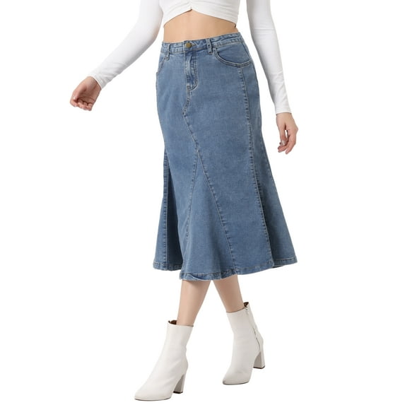 INSPIRE CHIC Casual Denim Skirt for Women's High Waisted A-Line Flared Midi Skirts S Blue