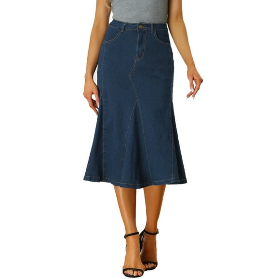 INSPIRE CHIC Casual Denim Skirt for Women's High Waisted A-Line Flared Midi Skirts 3XL Dark Blue