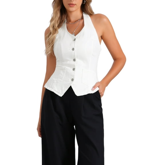 INSPIRE CHIC Women's Denim Vest Halter Neck Button Down Backless Jean Waistcoat M White