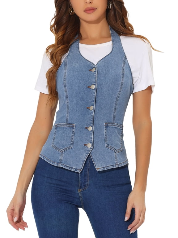Women's Denim Vest Halter Neck Button Down Backless Jean Waistcoat XL Blue