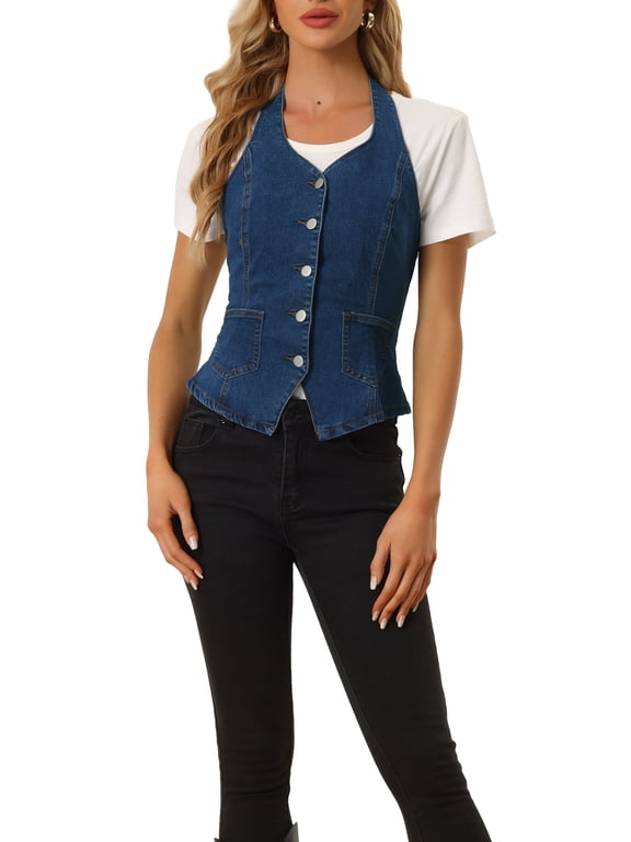 Women's Denim Vest Halter Neck Button Down Backless Jean Waistcoat M Dark Blue