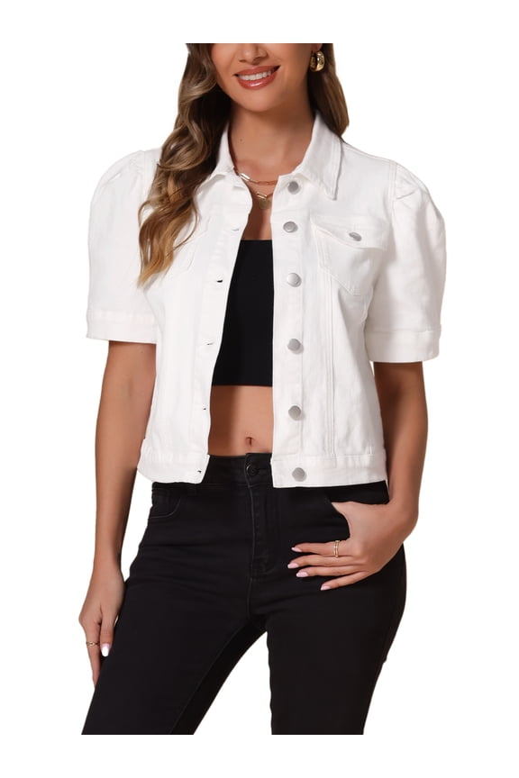 Women's Denim Jacket Short Puff Sleeves Turndown Collar Jean Jacket White L