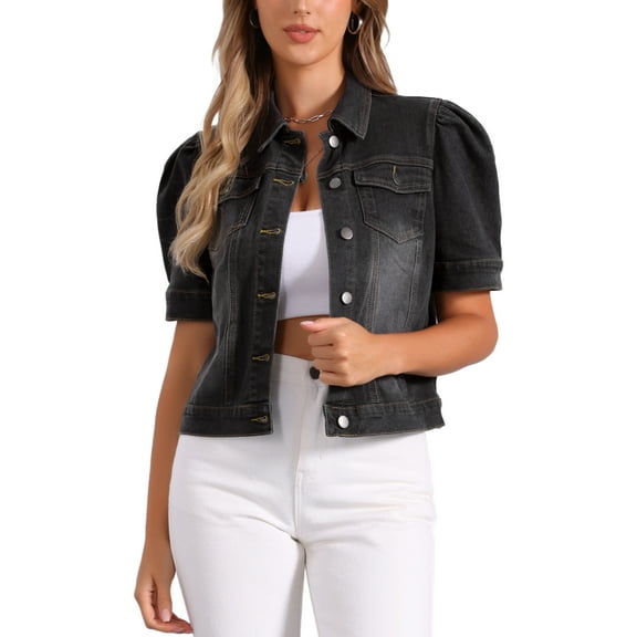 INSPIRE CHIC Women's Denim Jacket Short Puff Sleeves Turndown Collar Jean Jacket S Black