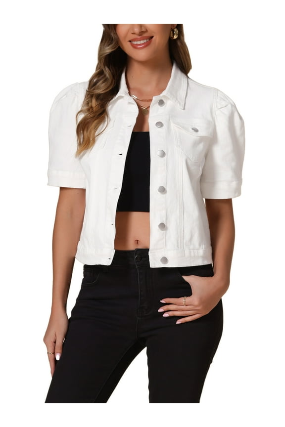 Women's Denim Jacket Short Puff Sleeves Turndown Collar Jean Jacket S White