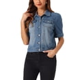 thumbnail image 1 of INSPIRE CHIC Women's Denim Jacket Short Puff Sleeves Turndown Collar Jean Jacket XL Medium BLue, 1 of 7