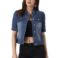 thumbnail image 1 of INSPIRE CHIC Women's Denim Jacket Short Puff Sleeves Turndown Collar Jean Jacket XS Blue, 1 of 7