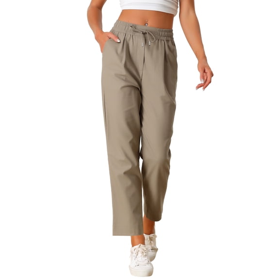INSPIRE CHIC Casual Linen Pants for Women's Drawstring Elastic Waist Tapered Pants with Pockets Khaki XL