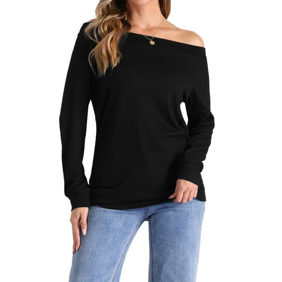 INSPIRE CHIC Casual Off Shoulder Top for Women's Boat Neck Stretch Long Sleeve Blouse Tops