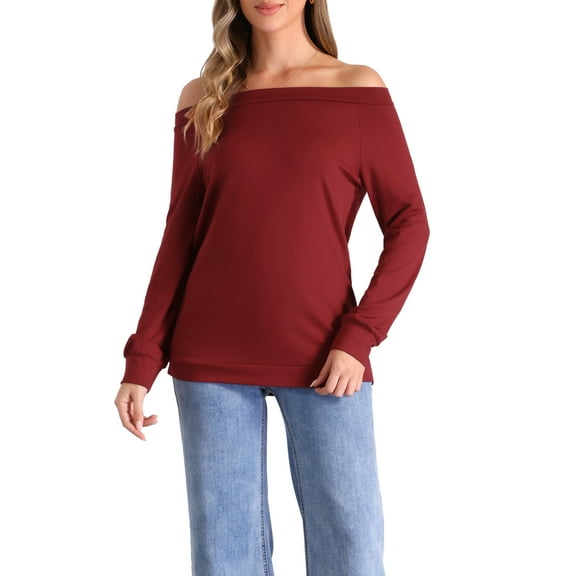 INSPIRE CHIC Casual Off Shoulder Top for Women's Boat Neck Stretch Long Sleeve Blouse Tops