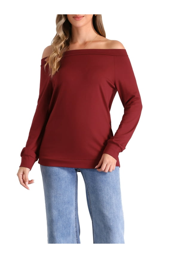 Casual Off Shoulder Top for Women's Boat Neck Stretch Long Sleeve Blouse Tops