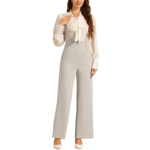 INSPIRE CHIC Women's Jumpsuits Adjustable Straps Wide Leg Suspenders Overall Jumpsuits L Grey Beige